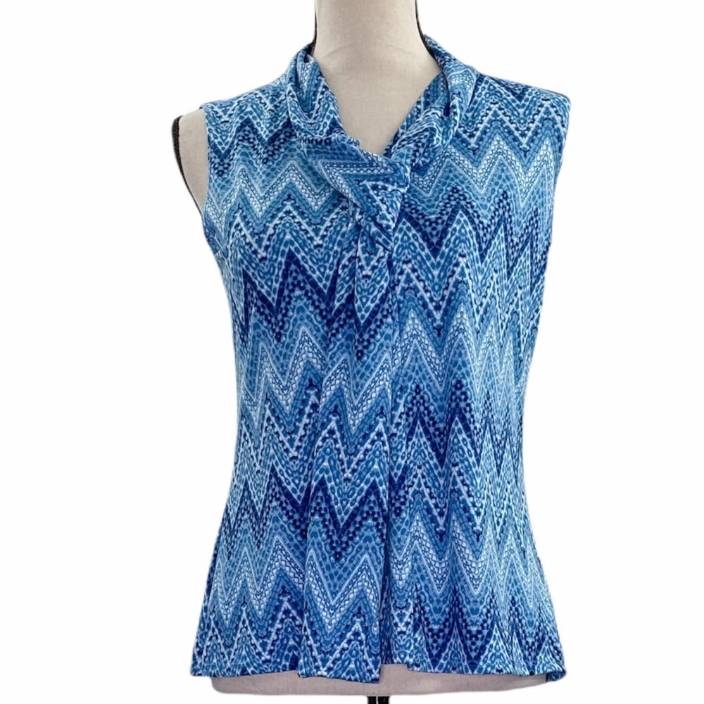 Jm Fleurette Multi-Tone Blue Chevron Print Sleeveless Tie Neck Sash Blouse
